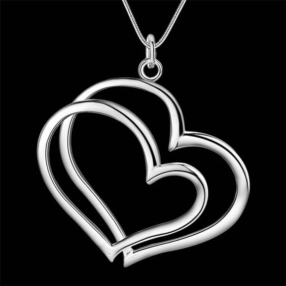Fashion Jewelry Jewelry - Beautiful Double Heart  Pendant And Necklace 18" Long, .925 Sterling Silver